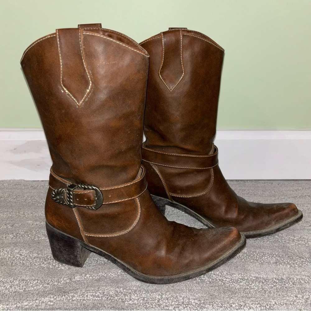 Faded Glory Women’s Brown Faux Leather Buckle Detail Cowboy Boots Sz 7.5